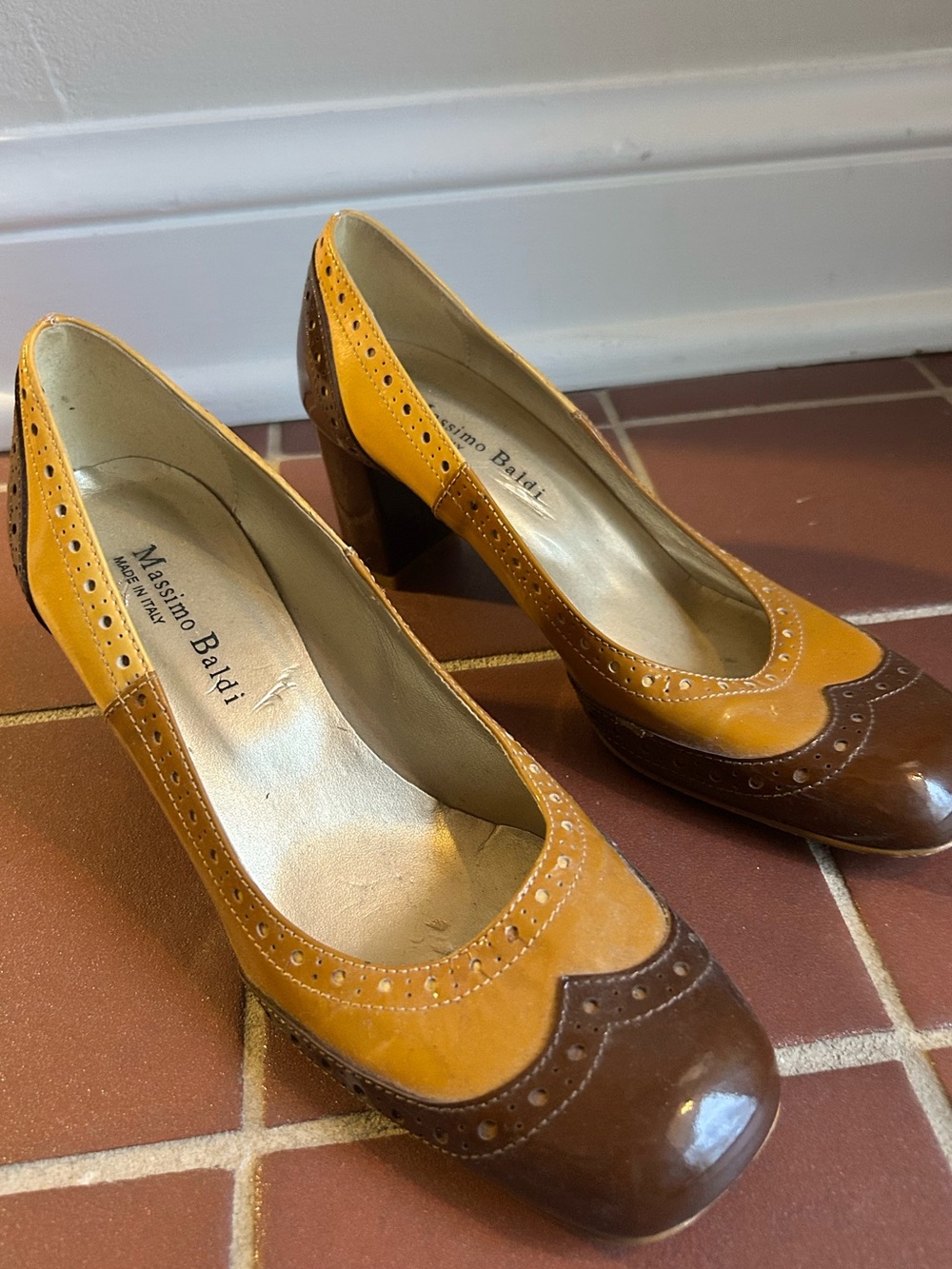 Vintage Italian Two-Tone Brown & Mustard Leather Pumps